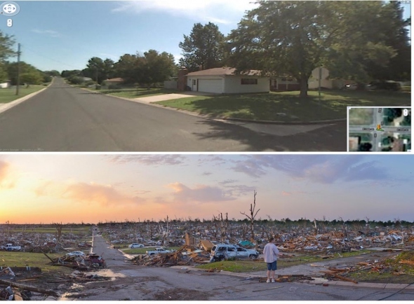 Tornádó előtt és után a Missouri állambeli Joplin városában