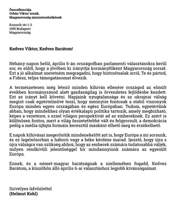 Helmut Kohl Orbánnak: Ezt az irányt kell követni