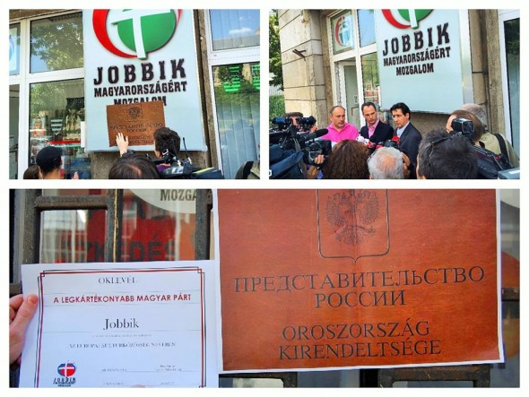 "Oroszország kirendeltsége" feliratot ragasztottak a Jobbik irodájára