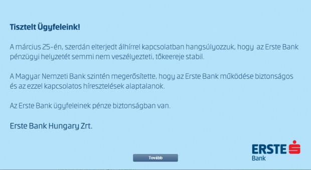 Netbankon nyugtatja ügyfeleit az ERSTE